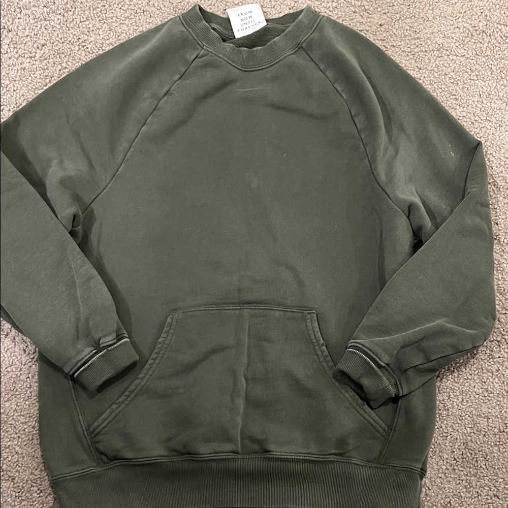 Aerie Olive Green Distressed Crewneck Sweater